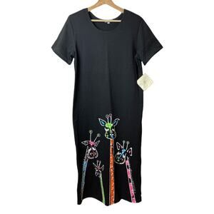 Focus Black Painted Giraffe Short Sleeve Maxi 100% Cotton Dress Women's S NWT